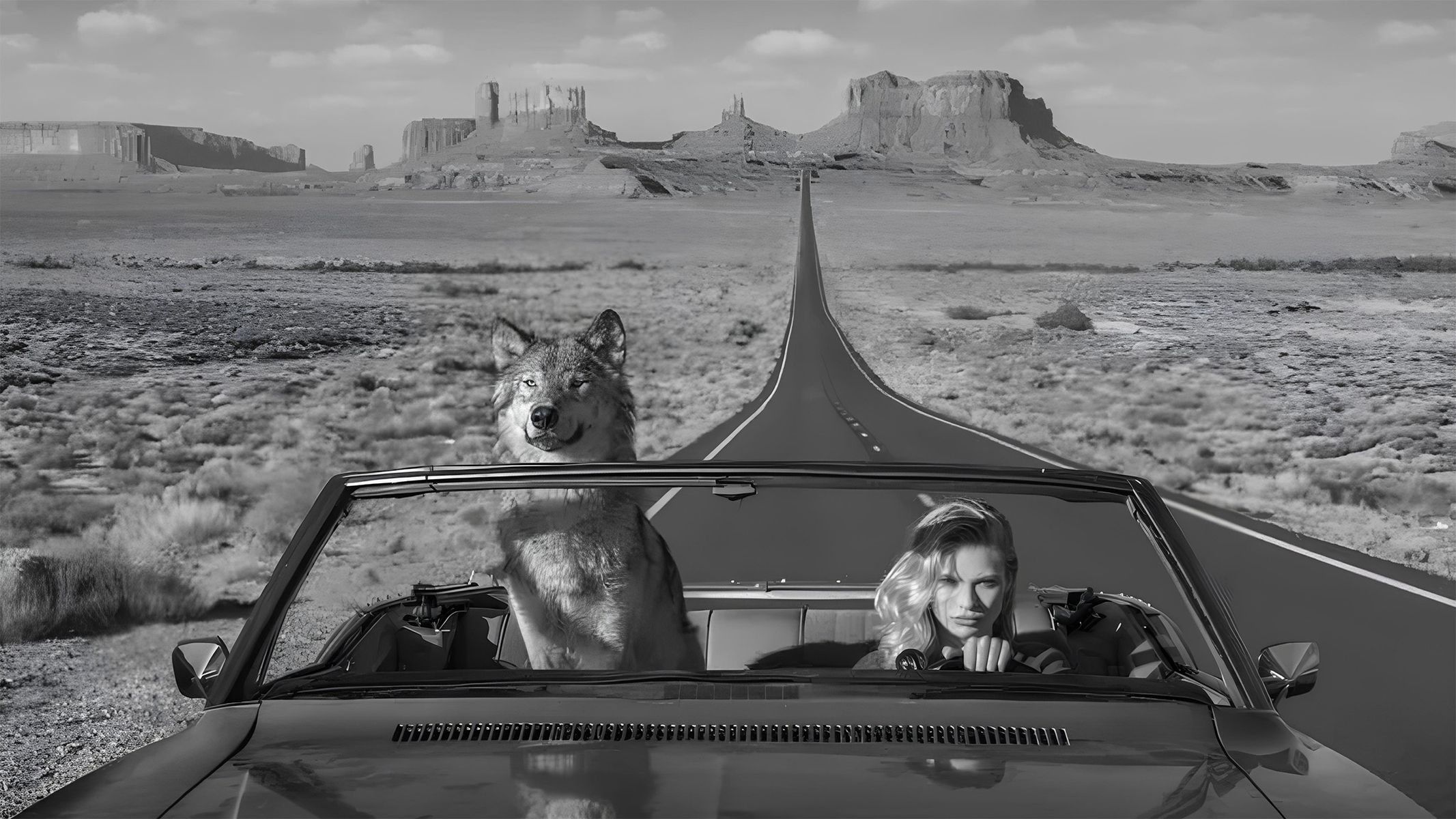 Model Josie Canseco sitzt am Steuer eines offenen Cabriolets mit einem Wolf auf dem Beifahrersitz (Fine-Art-Fotografie von David Yarrow)
